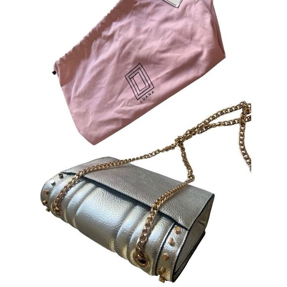NWT Luana Italy Clio Studded Flap Bag Chain Metallic Silver Leather Bag with Gol - Picture 4 of 8